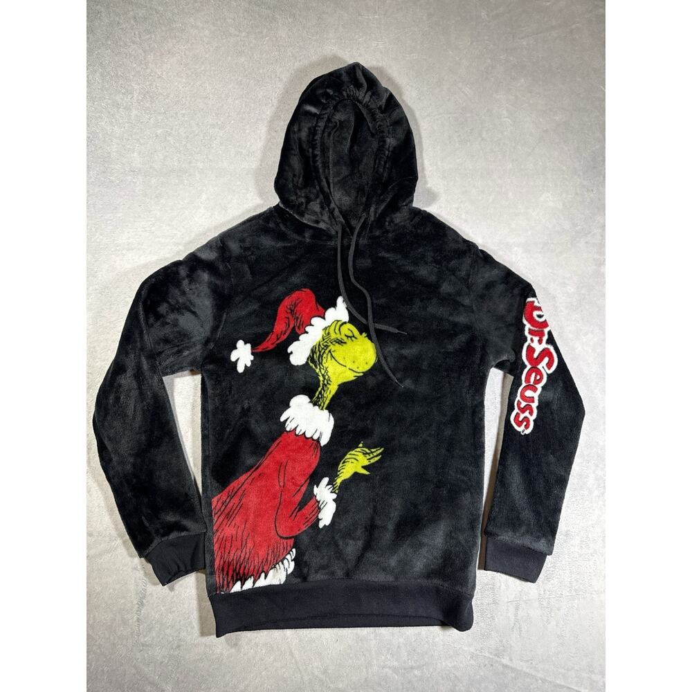 Dr. Seuss The Grinch Black Hoodie Velour Graphic Fleece Soft | Size Medium